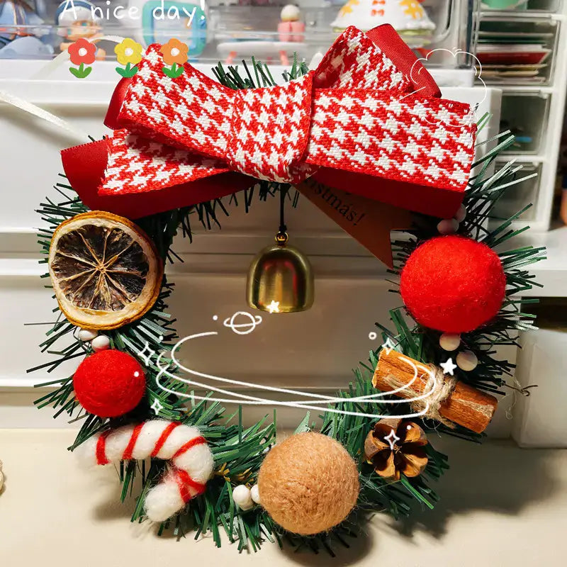 Christmas Gift Decorative Wreath for Home Decor with vibrant colors and festive decorations like a red bow and ornaments.