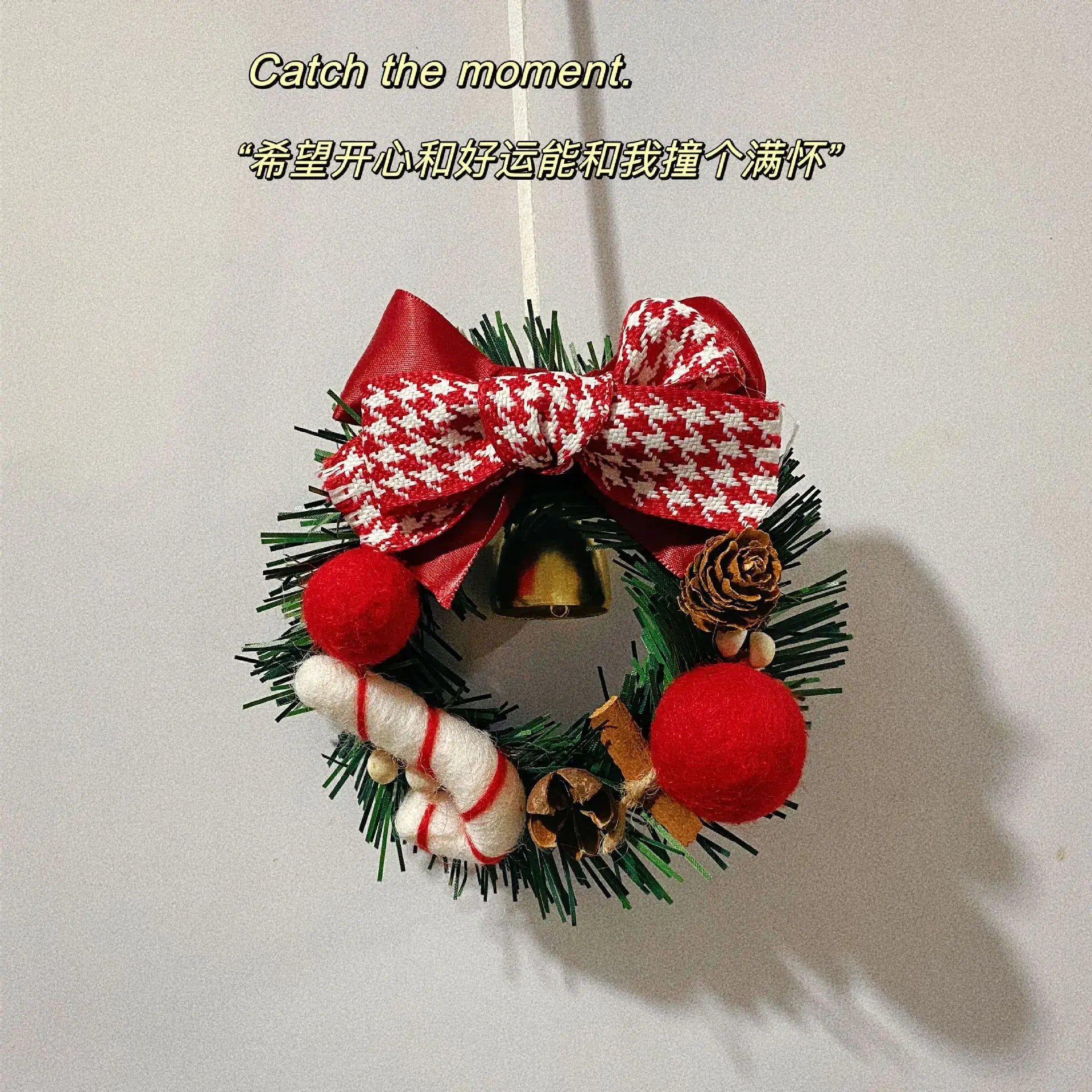 Christmas Gift Decorative Wreath for Home Decor with red bow, bells, and decorative elements.