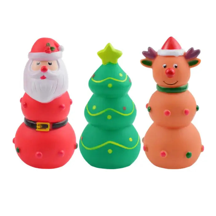 Christmas Tree Toy set featuring Santa, Christmas tree, and reindeer rubber pets toys.